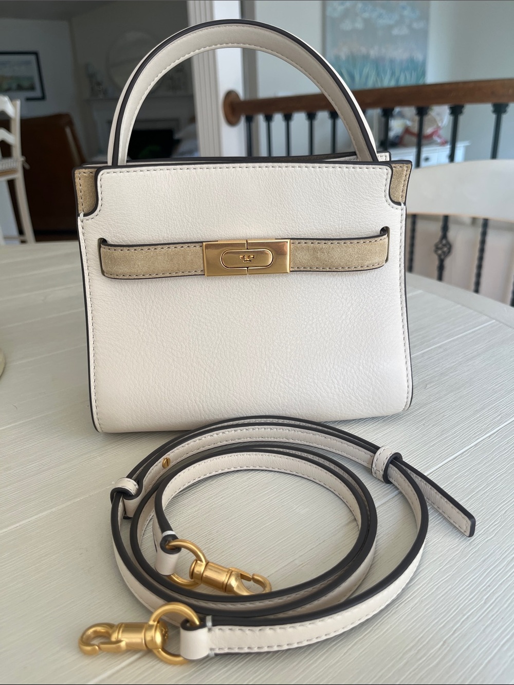 Tory Burch Cream Leather Top-Handle Crossbody Bag with Gold Hardware